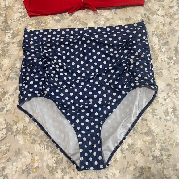 Cocoship Red Halter Bikini Top High-Waisted Blue Polka Dot Swim Bottoms Retro - Picture 5 of 6